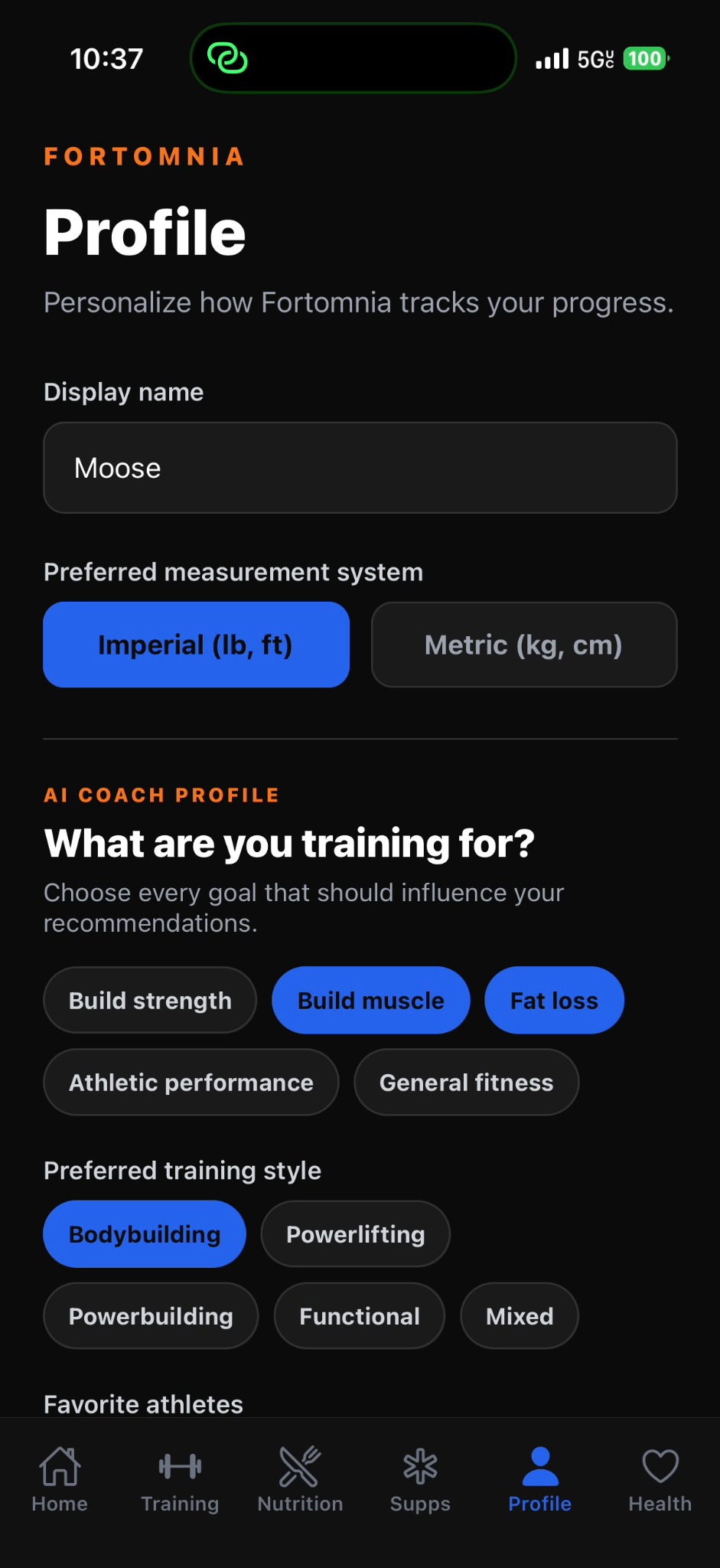 Fortomnia Profile screen showing measurement preferences, training goals, and preferred training style